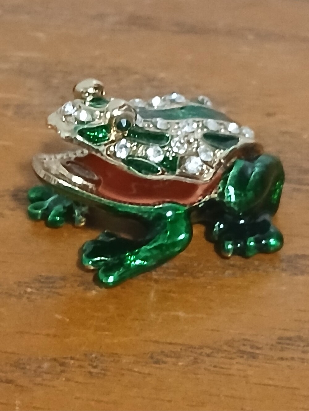 Green Enamel Rhinestone Frog Small Trinket Box Hinged Jewelry Holder
